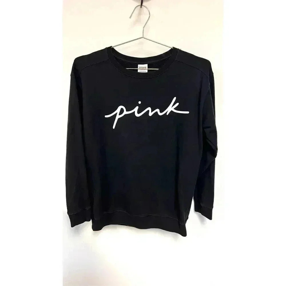 PINK Victoria's Secret Womens Black Long Sleeve Crew Neck Sweatshirt‎ Size XS